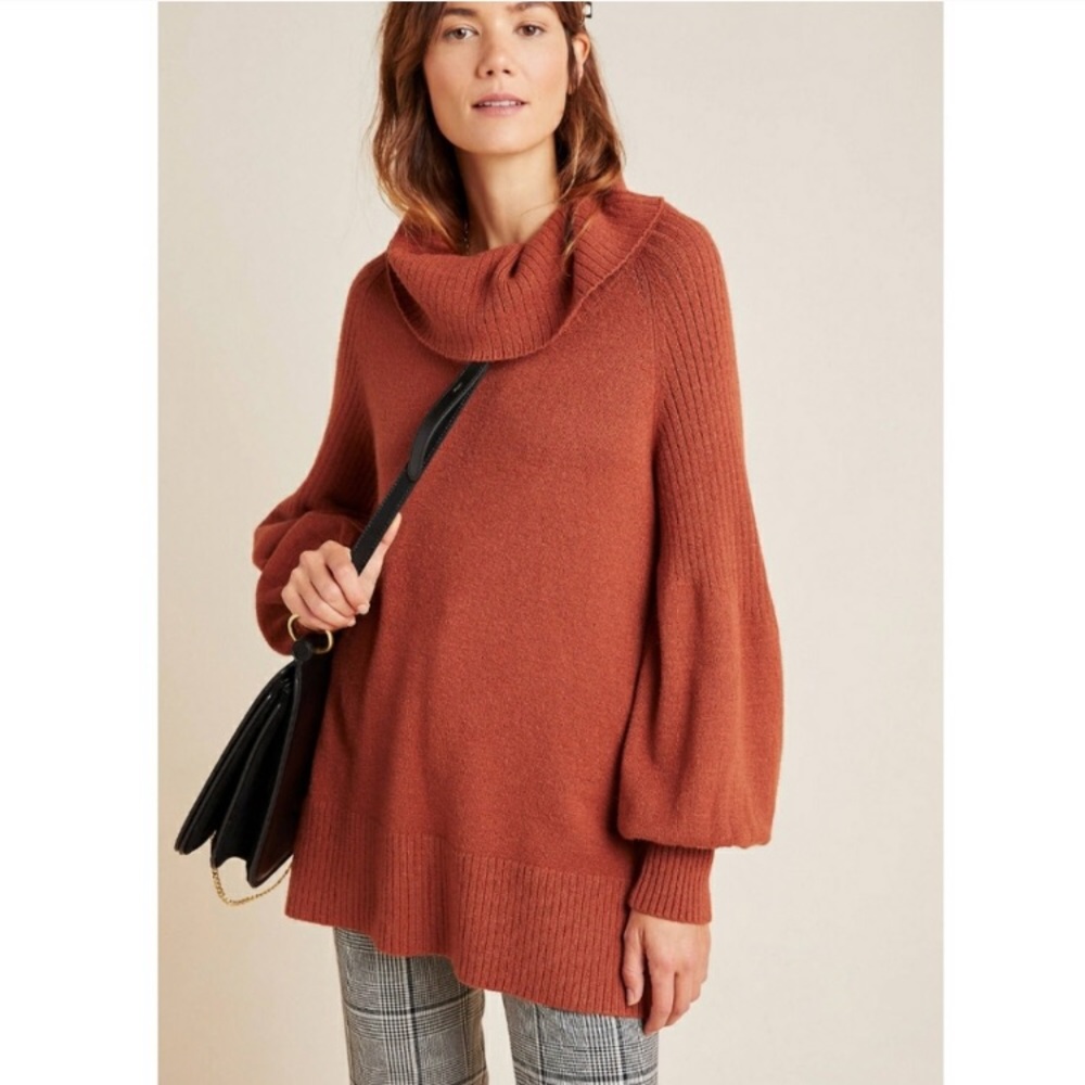 Anthropologie Paloma Burnt Orange Bishop Sleeve Cowl Neck Knit Sweater Small